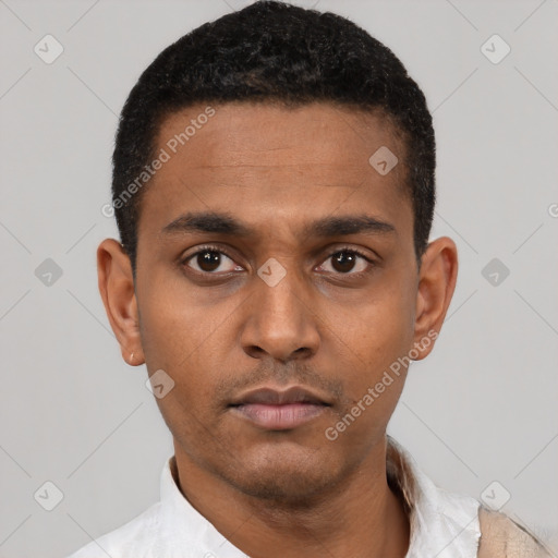 Neutral latino young-adult male with short  black hair and brown eyes