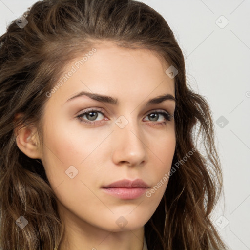 Neutral white young-adult female with long  brown hair and brown eyes