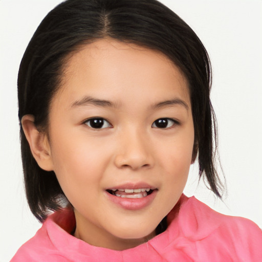 Joyful white child female with medium  brown hair and brown eyes