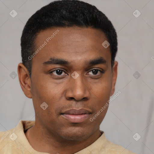Neutral latino young-adult male with short  black hair and brown eyes