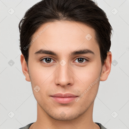 Neutral white young-adult male with short  brown hair and brown eyes