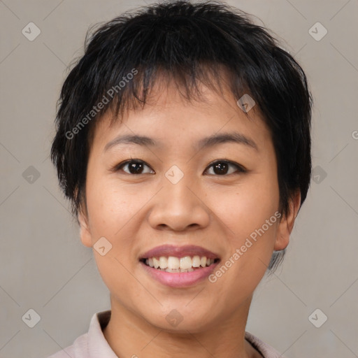 Joyful asian young-adult female with short  brown hair and brown eyes