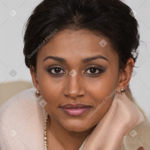 Joyful latino young-adult female with short  brown hair and brown eyes