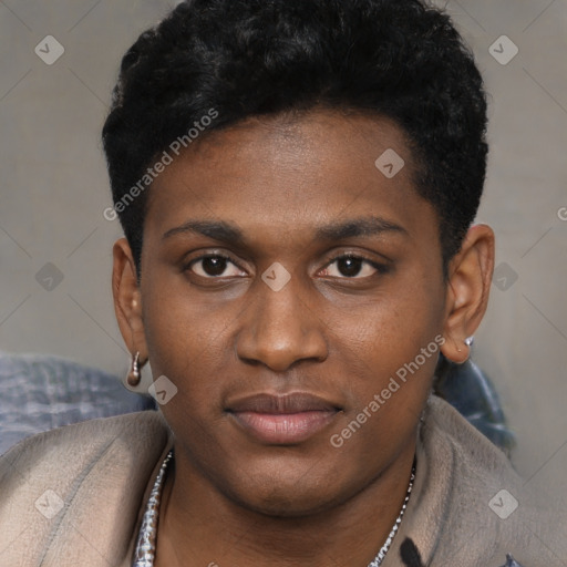 Neutral black young-adult male with short  black hair and brown eyes