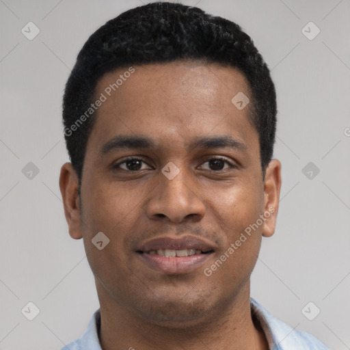 Joyful latino young-adult male with short  black hair and brown eyes