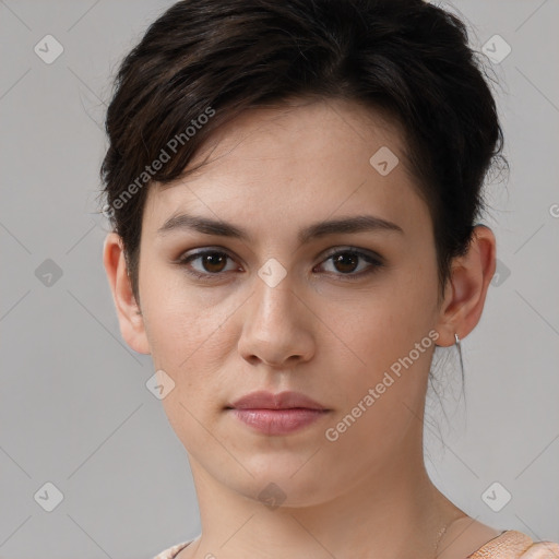 Neutral white young-adult female with short  brown hair and brown eyes