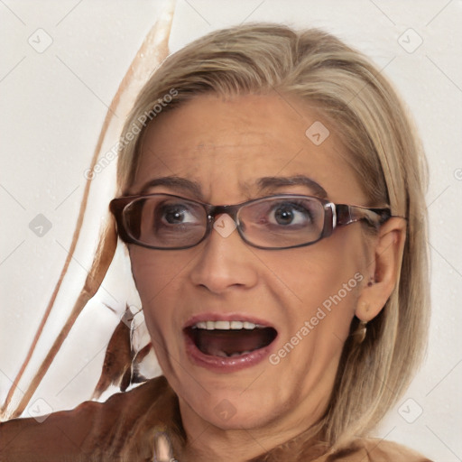 Joyful white adult female with long  brown hair and brown eyes