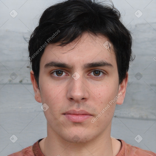 Neutral white young-adult male with short  brown hair and brown eyes