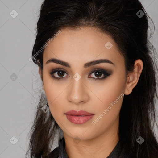 Neutral white young-adult female with long  brown hair and brown eyes