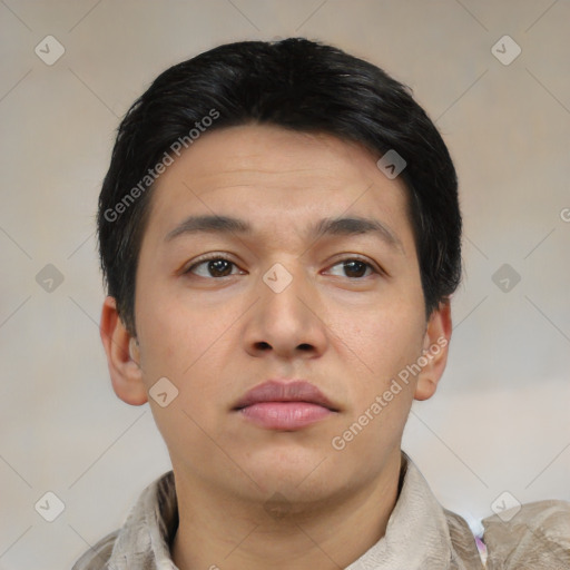 Neutral asian young-adult male with short  brown hair and brown eyes