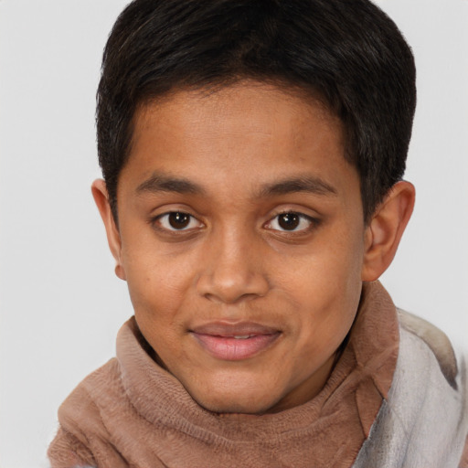Joyful black young-adult male with short  brown hair and brown eyes