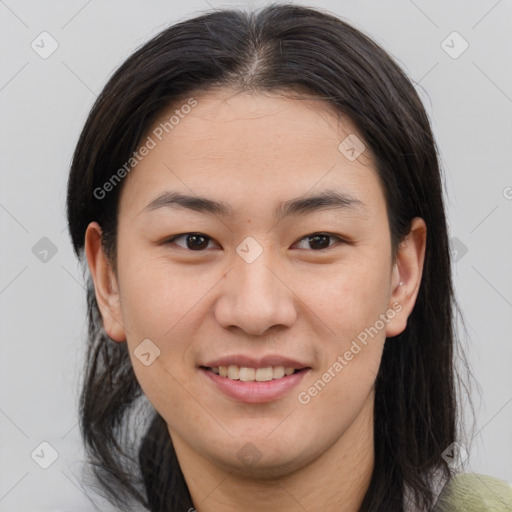 Joyful asian young-adult female with medium  brown hair and brown eyes