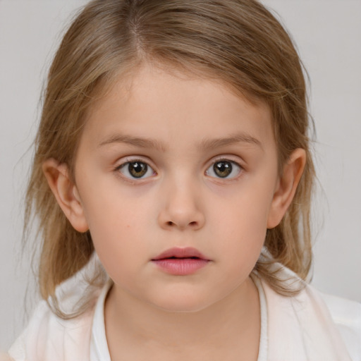 Neutral white child female with medium  brown hair and blue eyes