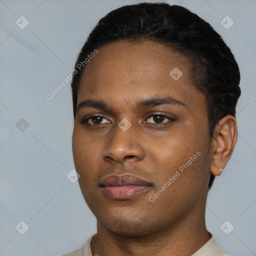 Neutral black young-adult male with short  black hair and brown eyes