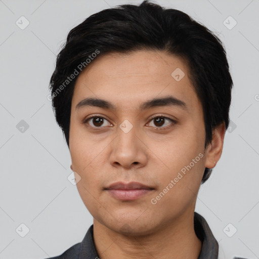 Neutral asian young-adult male with short  black hair and brown eyes