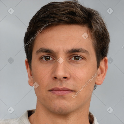 Neutral white young-adult male with short  brown hair and brown eyes