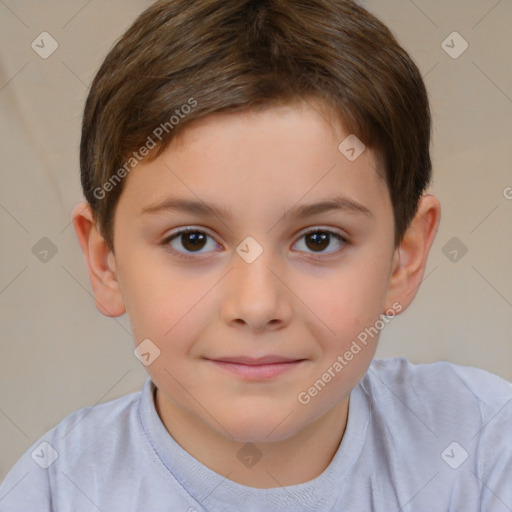 Joyful white child female with short  brown hair and brown eyes