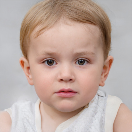 Neutral white child female with medium  brown hair and blue eyes