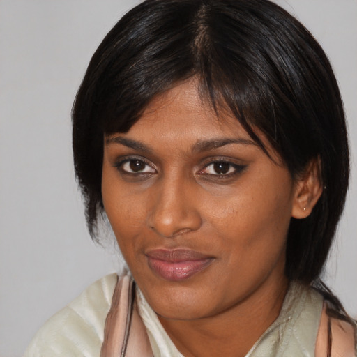 Neutral asian young-adult female with medium  black hair and brown eyes