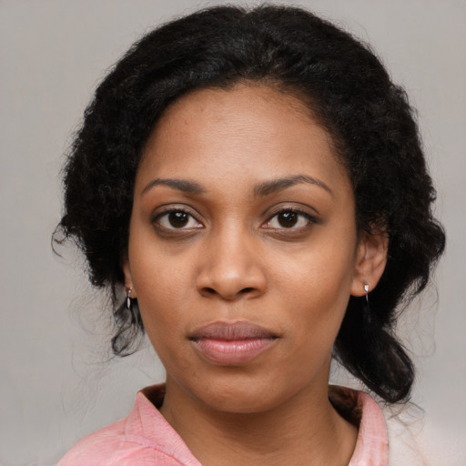 Neutral latino young-adult female with medium  black hair and brown eyes