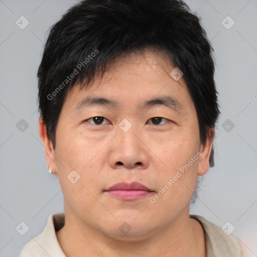 Neutral asian young-adult male with short  brown hair and brown eyes