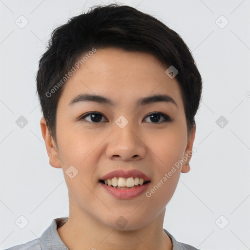 Joyful asian young-adult female with short  brown hair and brown eyes