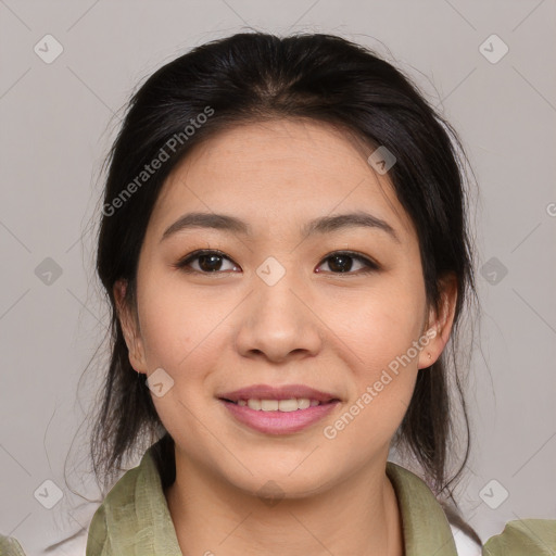 Joyful asian young-adult female with medium  brown hair and brown eyes