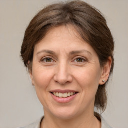 Joyful white adult female with medium  brown hair and grey eyes