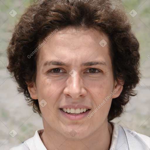 Joyful white adult female with short  brown hair and brown eyes