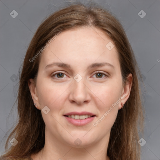 Joyful white young-adult female with long  brown hair and grey eyes