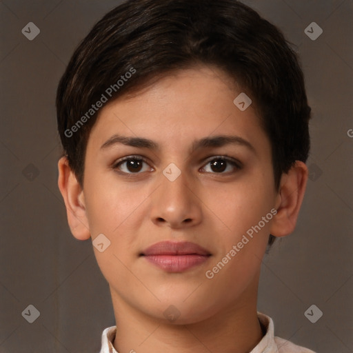 Joyful white young-adult female with short  brown hair and brown eyes