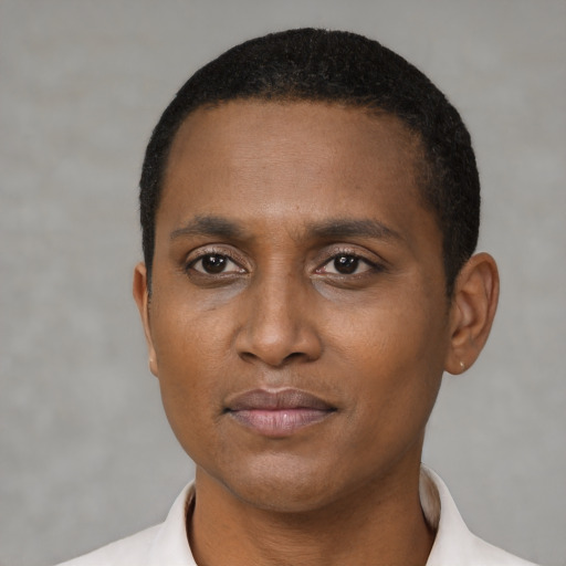 Neutral black young-adult male with short  black hair and brown eyes