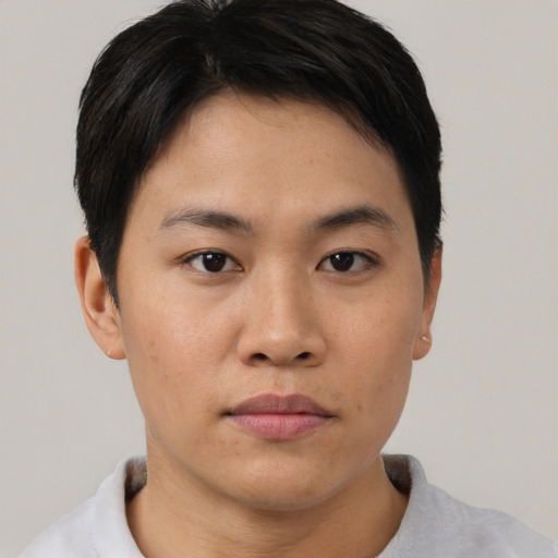 Neutral asian young-adult male with short  brown hair and brown eyes