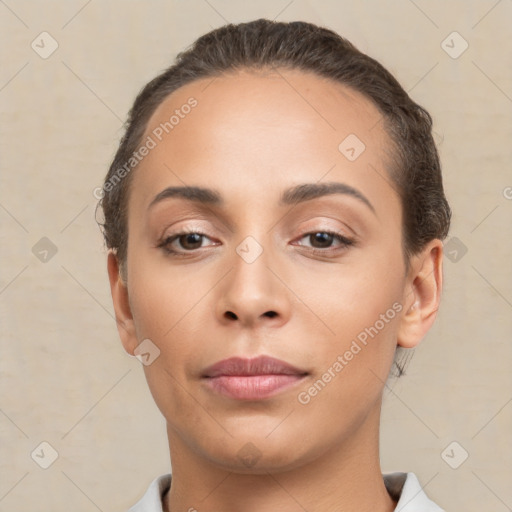 Neutral white young-adult female with short  brown hair and brown eyes