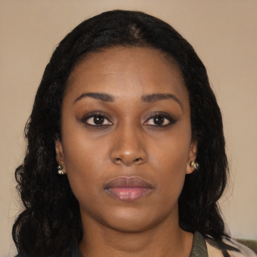 Neutral black young-adult female with long  black hair and brown eyes