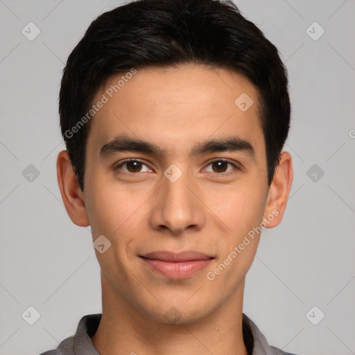 Joyful white young-adult male with short  black hair and brown eyes