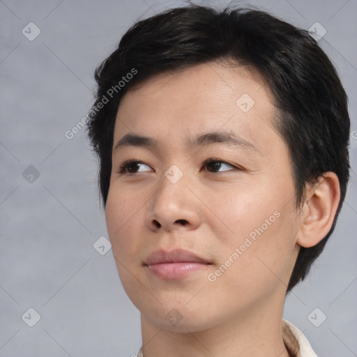 Neutral asian young-adult male with short  brown hair and brown eyes