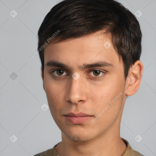 Neutral white young-adult male with short  brown hair and brown eyes