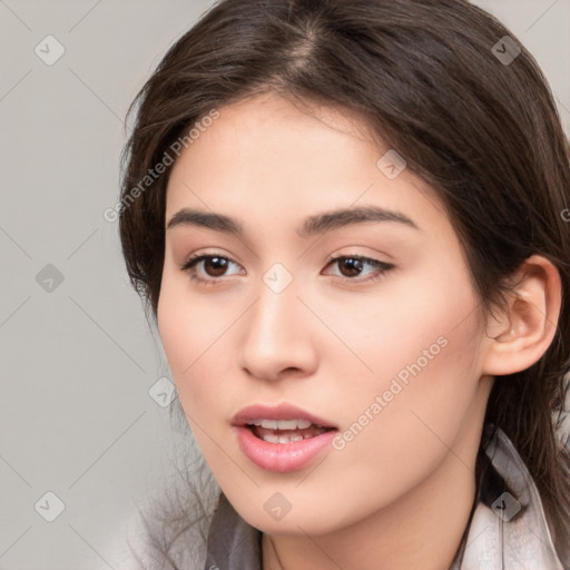 Neutral white young-adult female with medium  brown hair and brown eyes