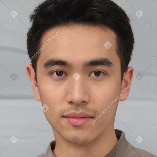 Neutral asian young-adult male with short  brown hair and brown eyes