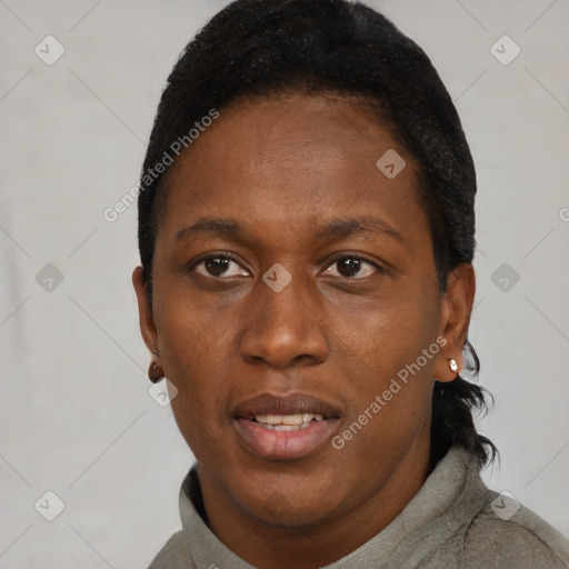 Neutral black young-adult female with short  black hair and brown eyes