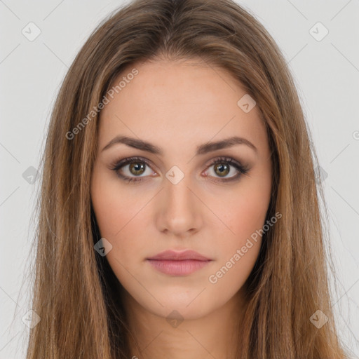 Neutral white young-adult female with long  brown hair and brown eyes