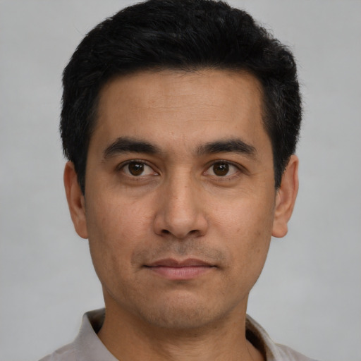 Neutral asian young-adult male with short  black hair and brown eyes