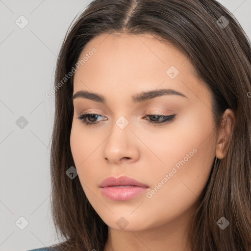 Neutral white young-adult female with long  brown hair and brown eyes