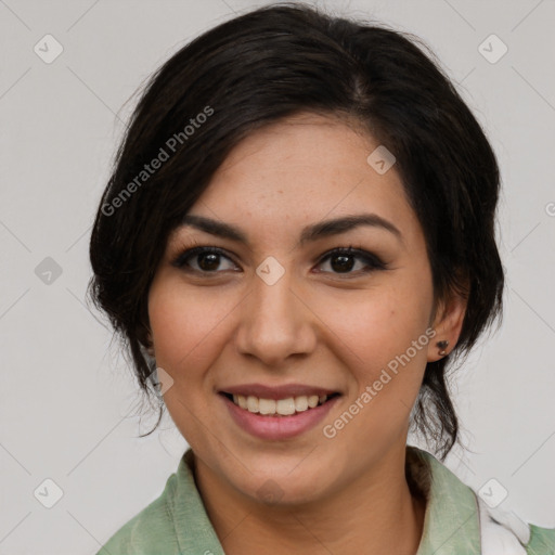 Joyful white young-adult female with medium  black hair and brown eyes