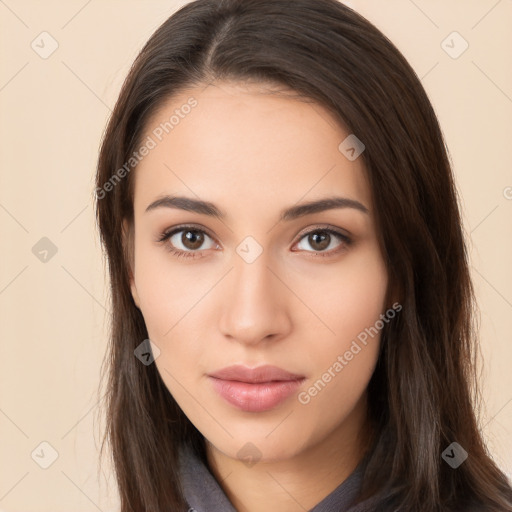 Neutral white young-adult female with long  brown hair and brown eyes