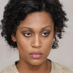 Neutral black young-adult female with medium  brown hair and brown eyes