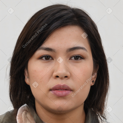 Neutral asian young-adult female with medium  brown hair and brown eyes