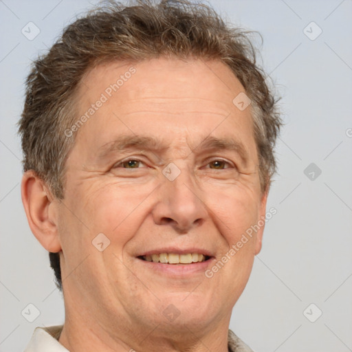 Joyful white middle-aged male with short  brown hair and brown eyes