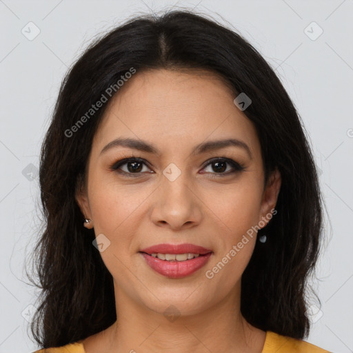 Joyful latino young-adult female with long  brown hair and brown eyes